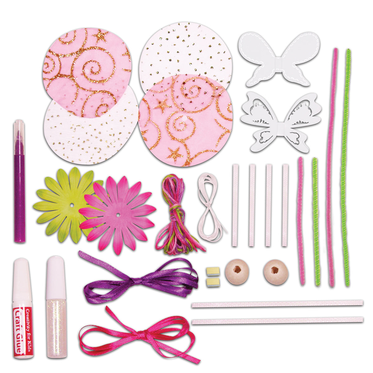 Components in the make your own fairy kit- comprising marker, glitter, strings,, paper wing cut outs etc.