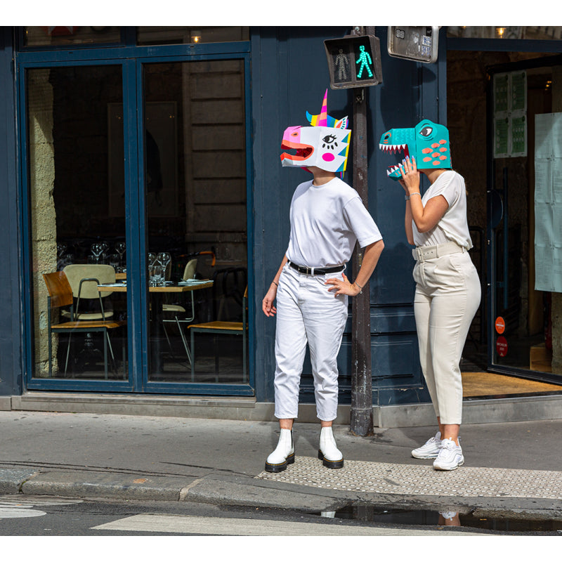 Man and woman in unicorn and dinosaur 3D masks