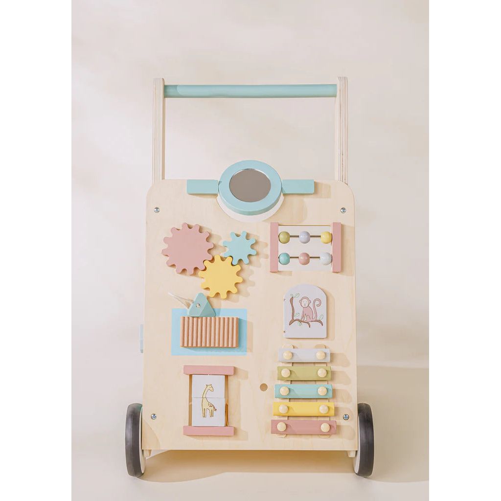 Front view of Cocovillage safari theme toddler walker and busy board