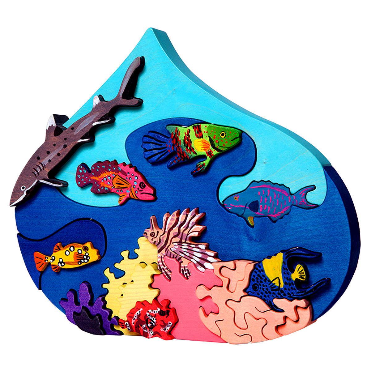 Colourful wooden toy puzzle of the ocean with deep coral fishes, tiger fish, clown fish and a shark!
