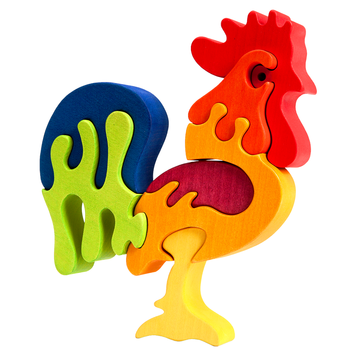 wooden toy rooster puzzle in rainbow colourss