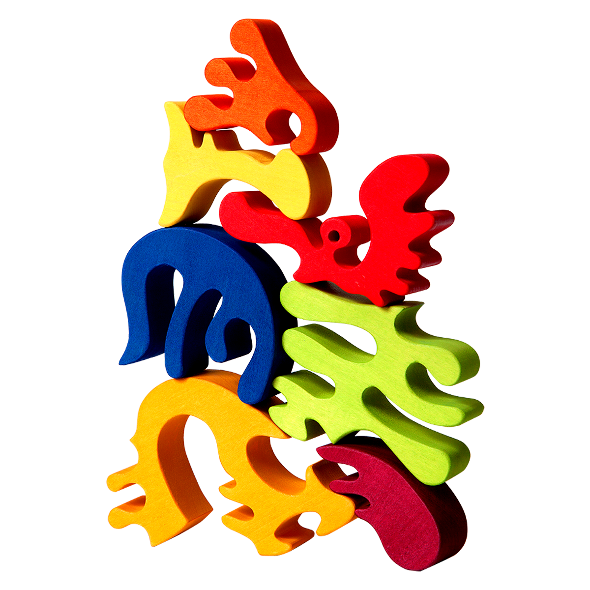 disassembled wooden toy rooster in various colours