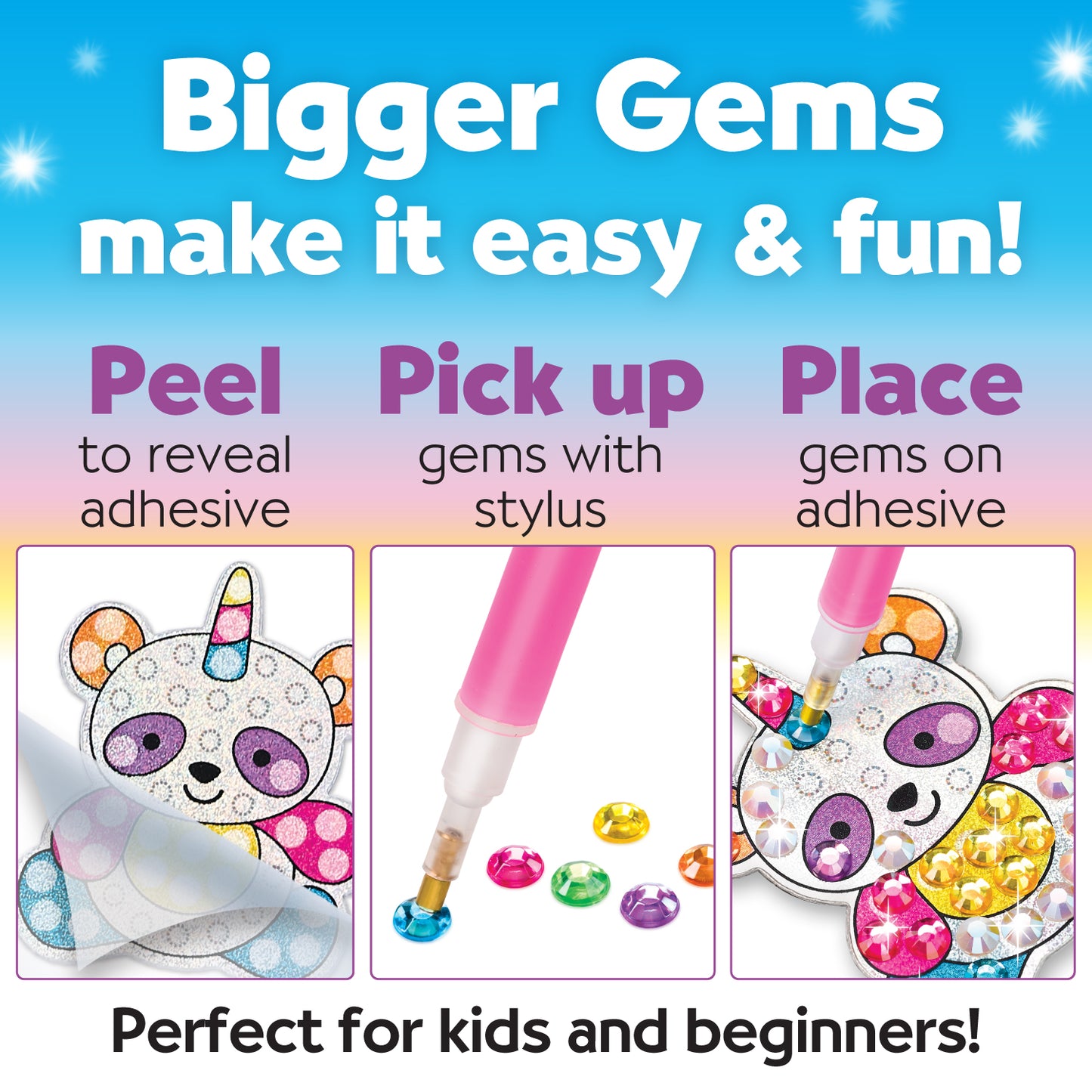 Instructions on operating the big gem diamond painting kit including using stylus and placing gem on adhesive