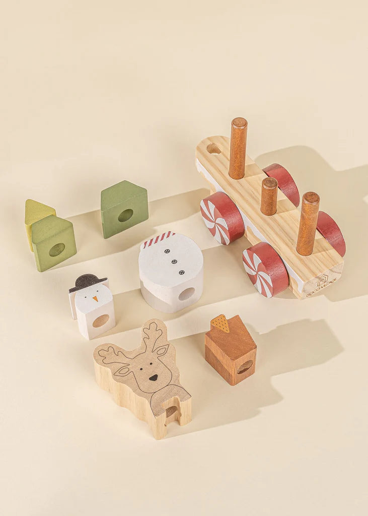 Components of snowman, reindeer and stacking toy in Cocovillage stacking toy train