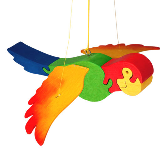 Colourful flying parrot toy to hang on top of a crib for babies