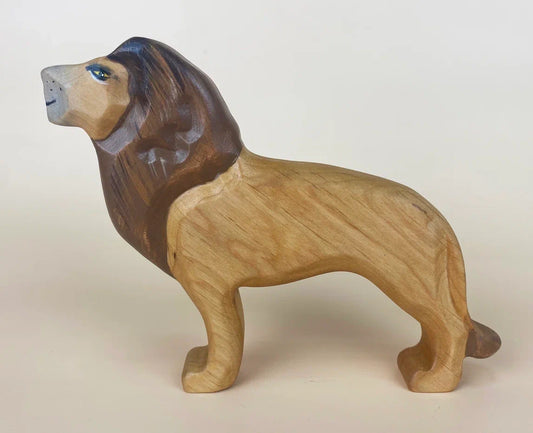 Wooden lion toy figurine with thick brown mane made from beautiful alderwood