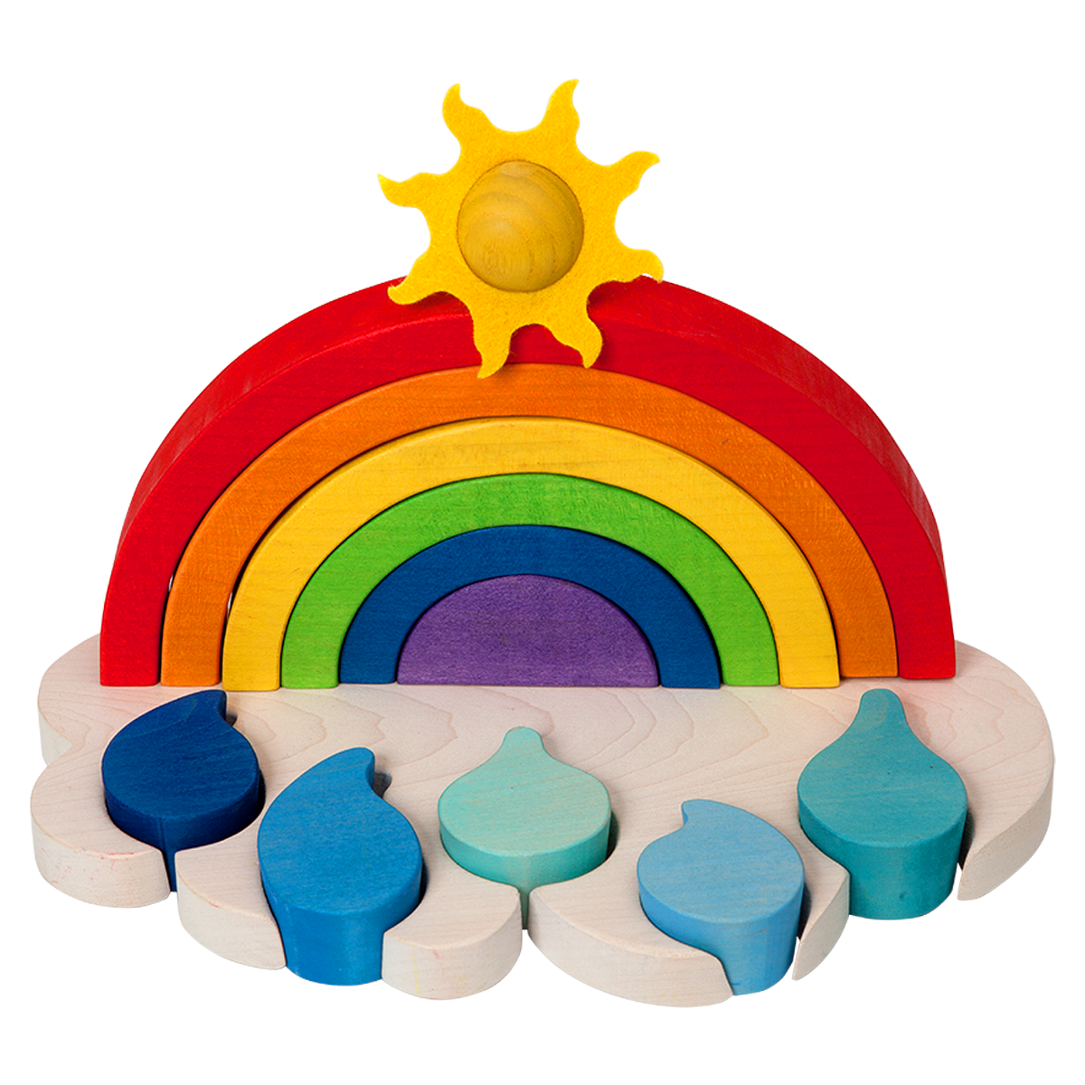 Wooden rainbow stacking toy with raindrops and sunshine