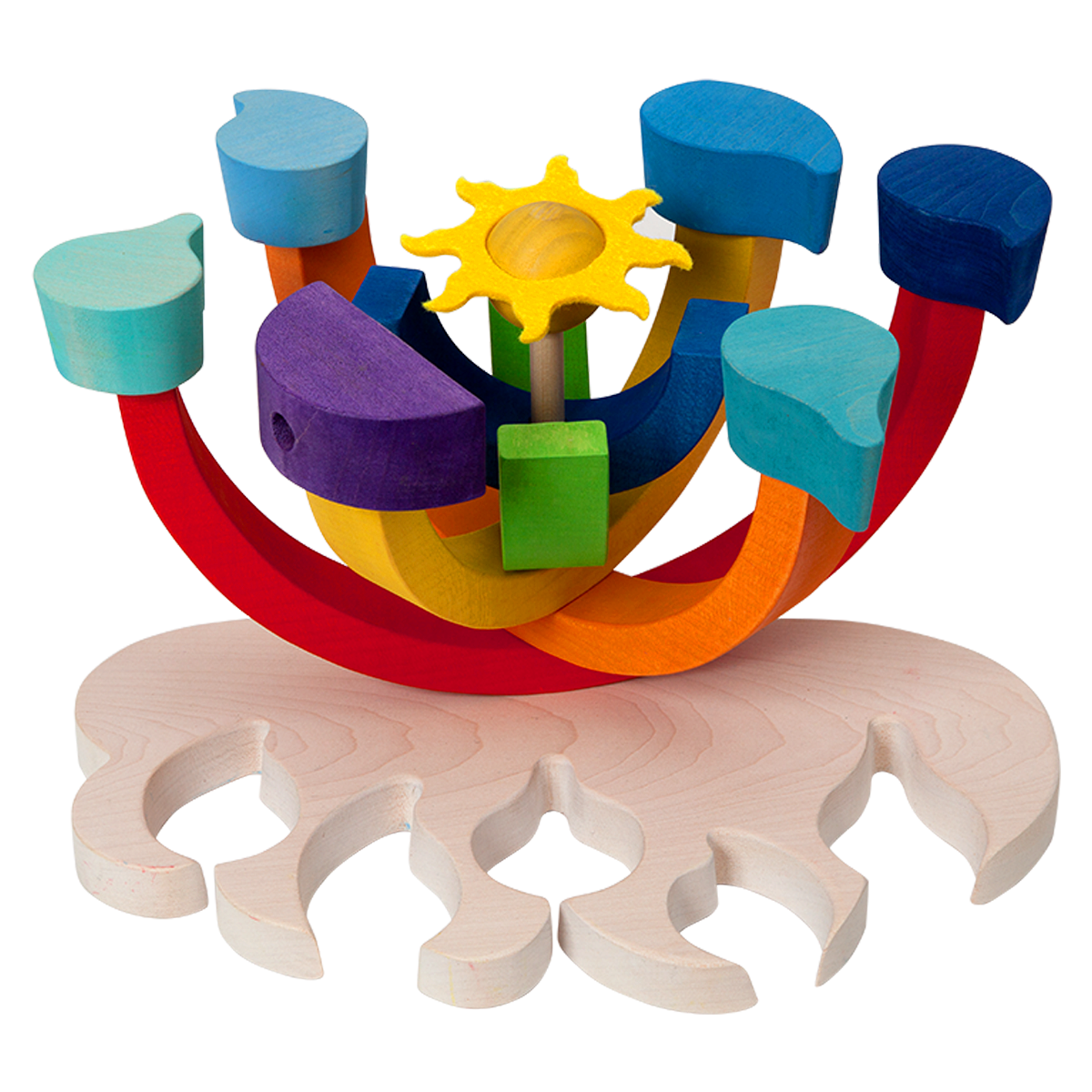 Central wooden pole holding wooden rainbow and sunshine with raindrop pieces