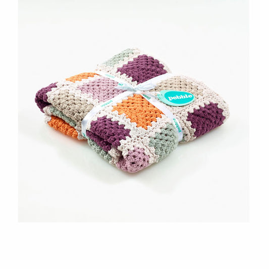 Children blankets in purple granny square design, hand knitted by Pebblechild