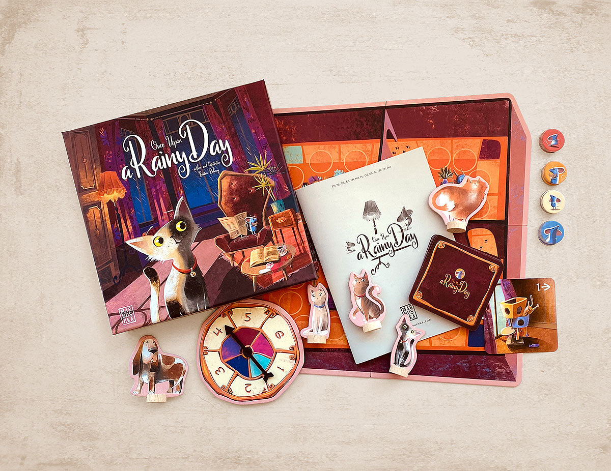 Rainy Day board game with spinning wheel, cards, dogs and cats and colourful tokens
