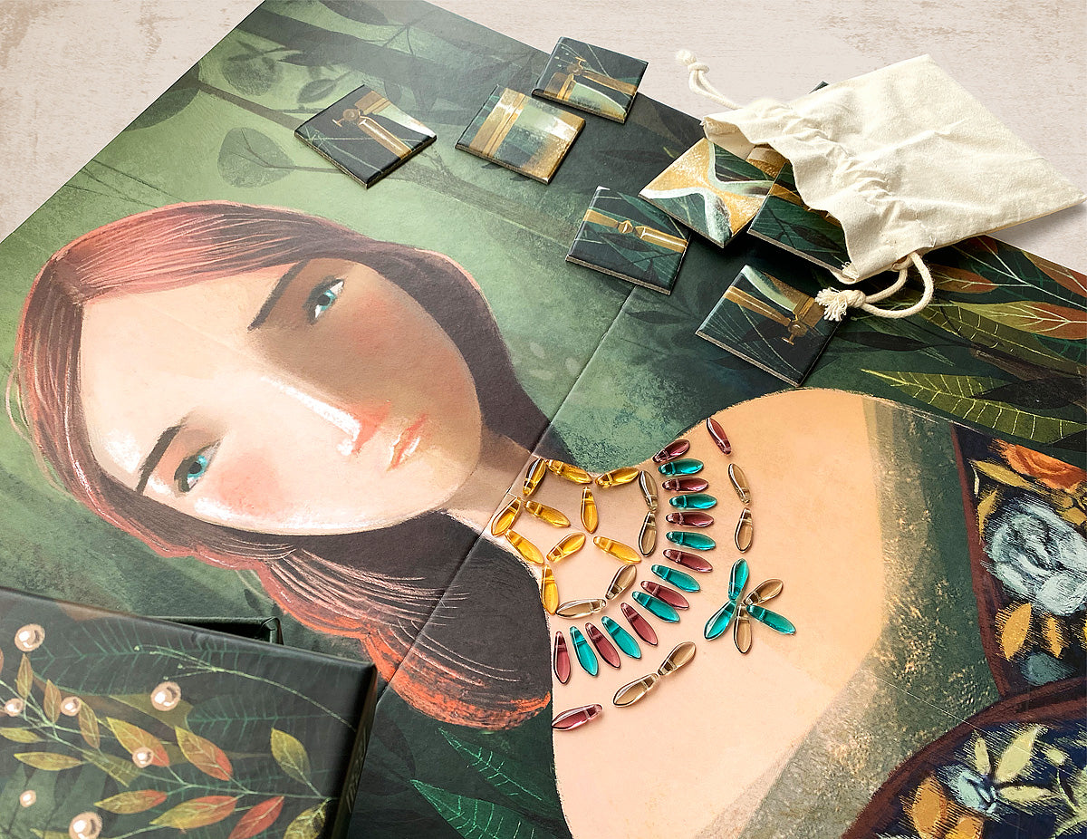 Game board of the lost necklace with necklace beads and game pieces