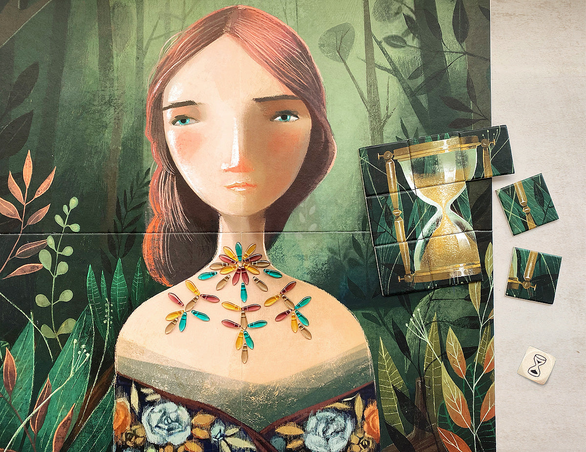 the lost necklace board game with a different necklace design and hourglass
