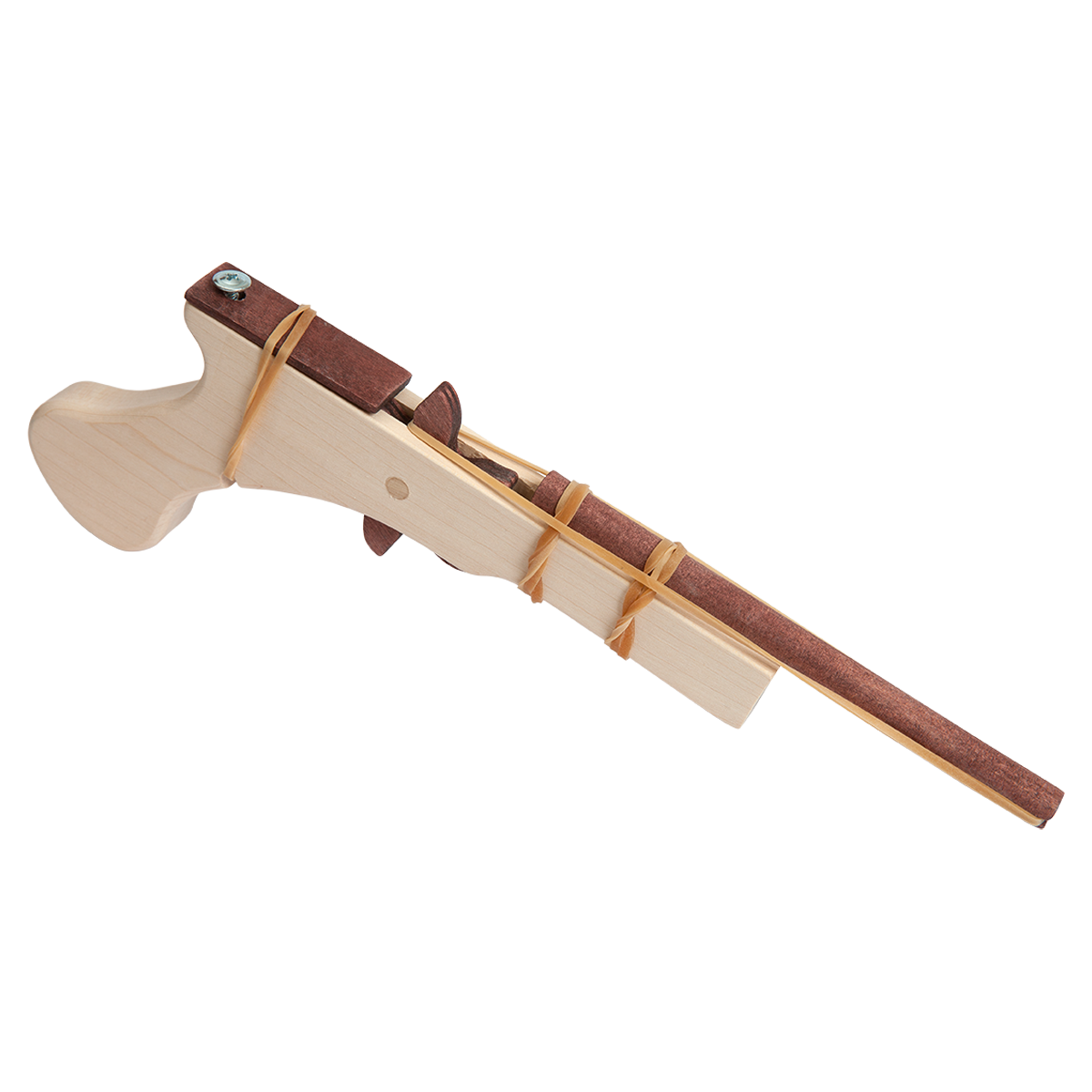 wooden toy pistol with long brown barrel, made of natural wood