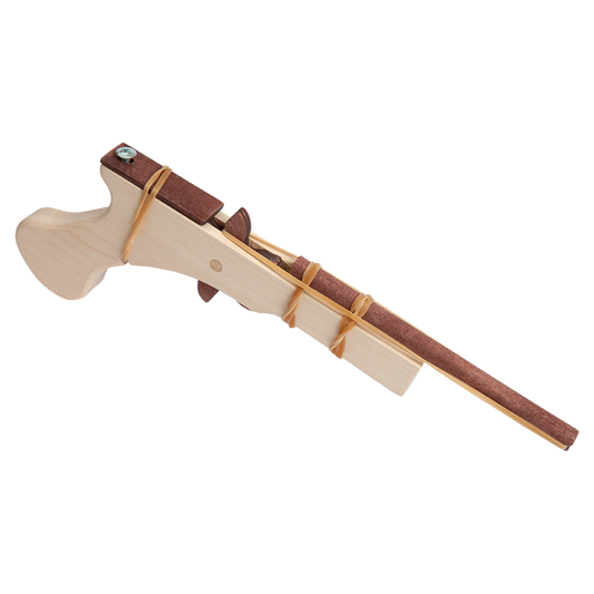 wooden toy pistol with long brown barrel, made of natural wood