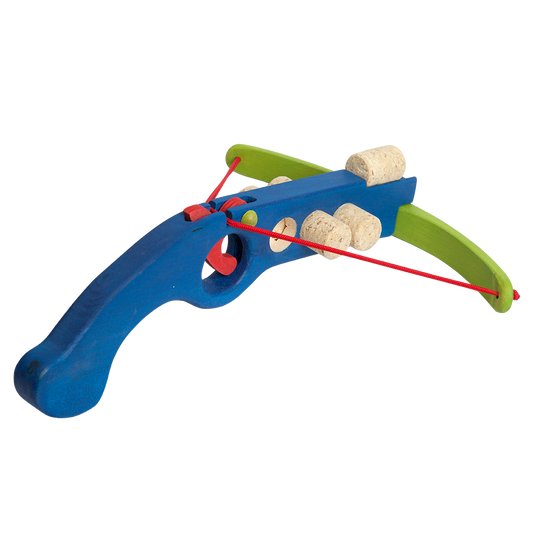 Blue wooden cork crossbow with mounted cork bullet