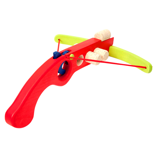 Red wooden cork crossbow with mounted cork bullet