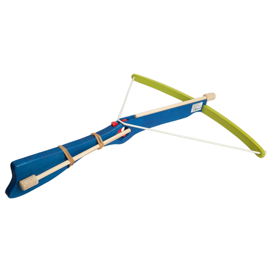 Blue wooden toy crossbow with cork arrows