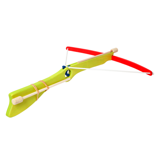Green wooden toy crossbow with cork arrows