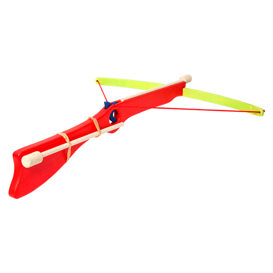 Red wooden toy crossbow with cork arrows
