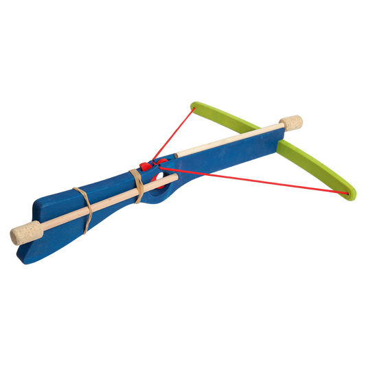 Blue wooden toy crossbow with mounted cork arrow