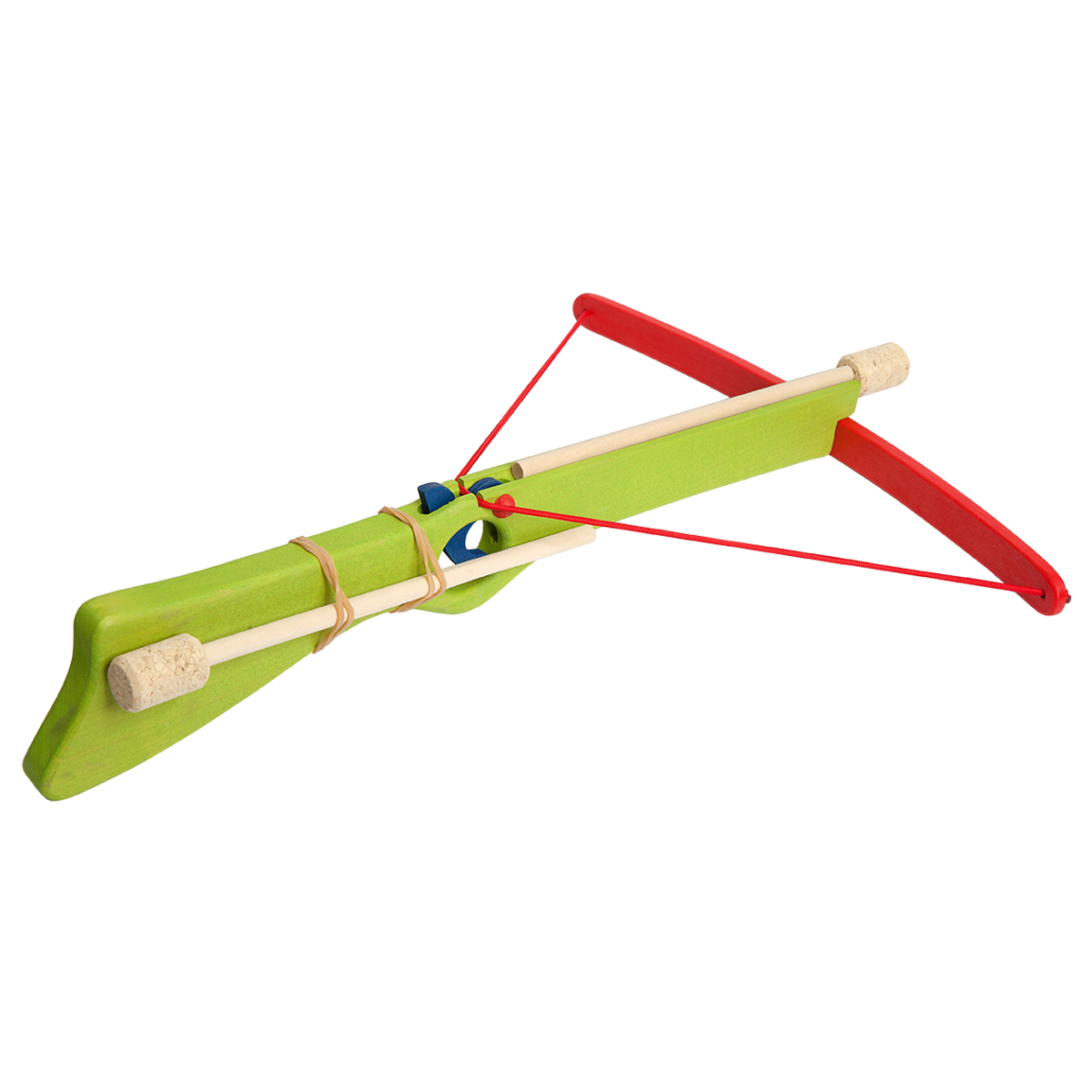 Green wooden toy crossbow with mounted arrow