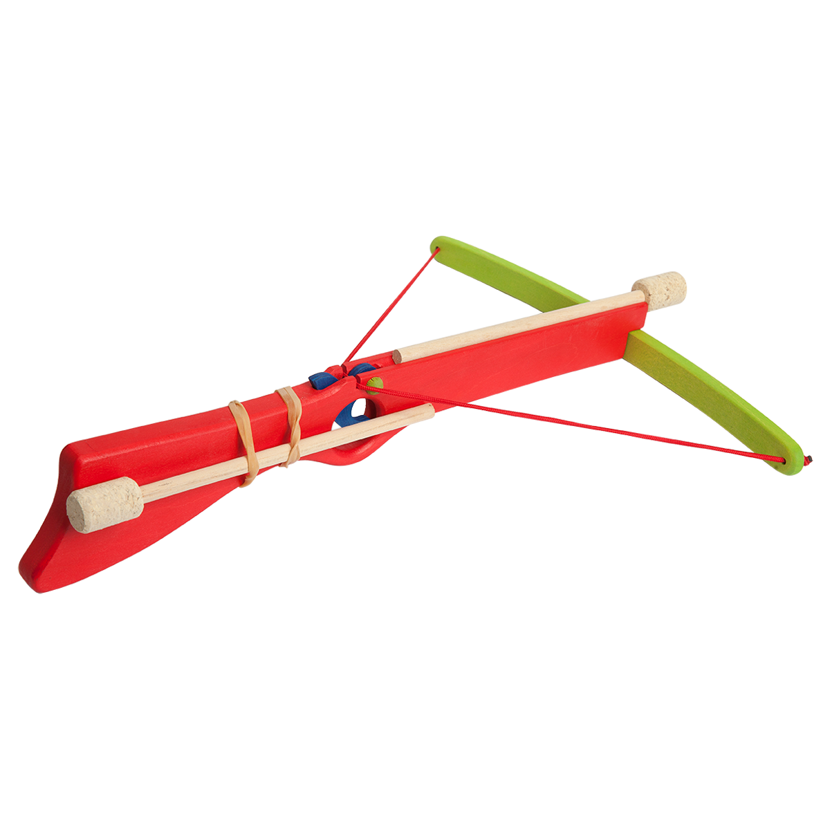 Red wooden toy crossbow with mounted cork arrow