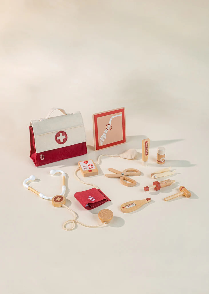 Doctor playset with 11 pieces including bag, stethoscope, scissors, syringe, tendon hammer, thermometer and blood pressure cuff