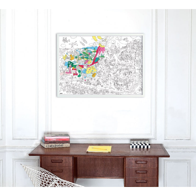 Omy giant colouring poster with dinosaurs framed on the wall.