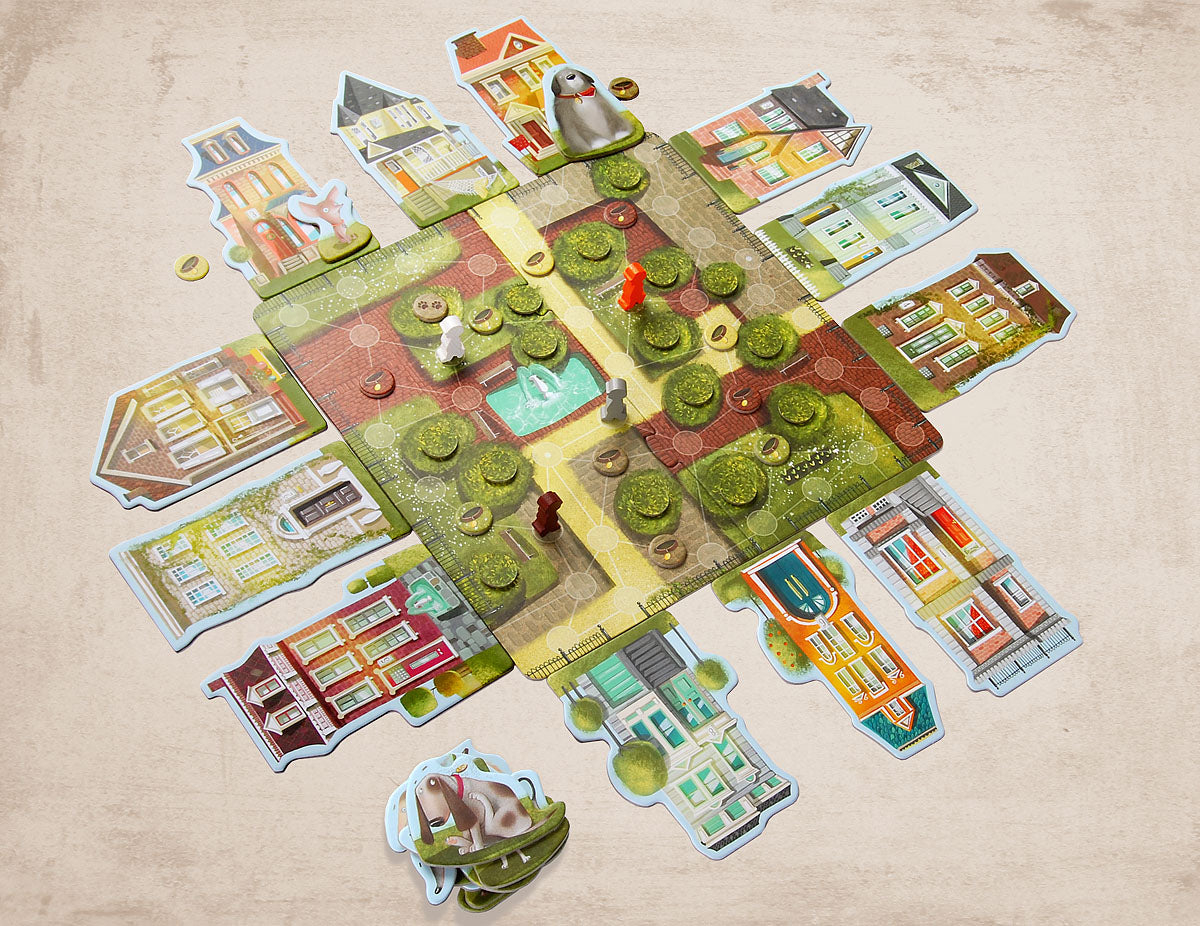 Dogs and homes game board with 12 homes, dog figures and various tokens