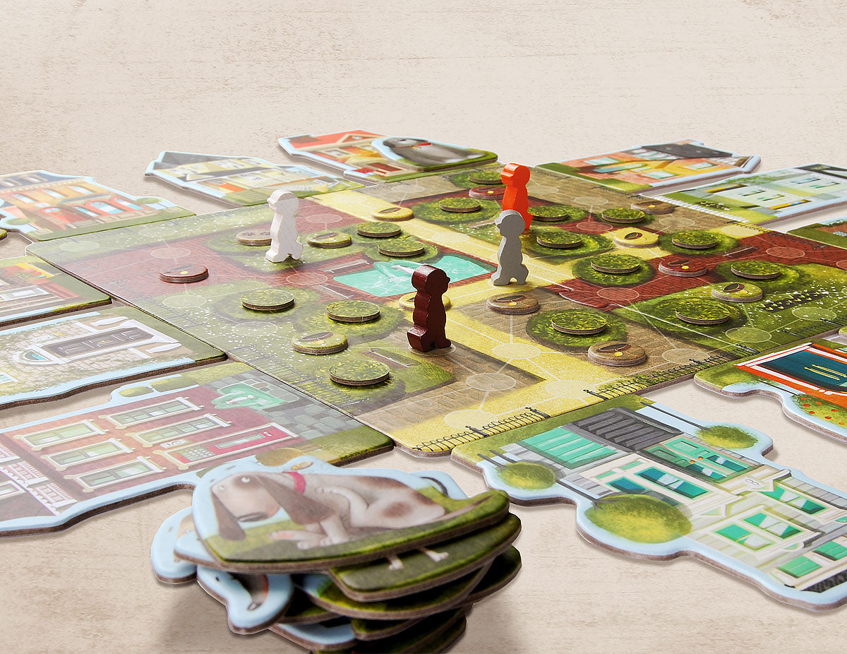 Dog and homes board game for kids oblique view of game board