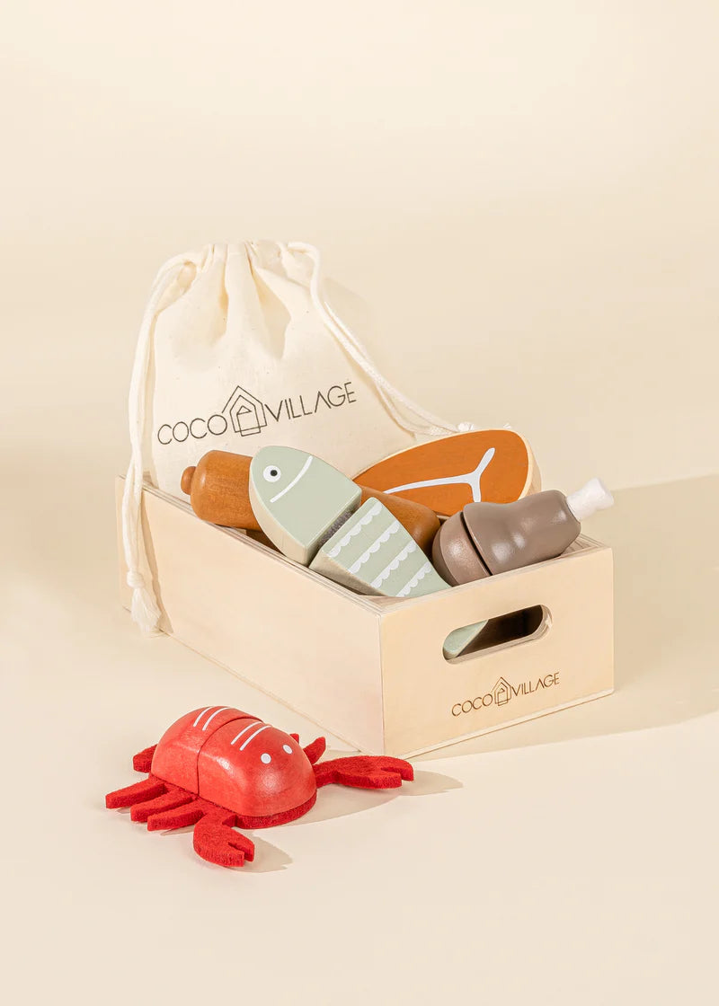Cocovillage meat and fish set with fish, lobster, sausage and T-bone steak
