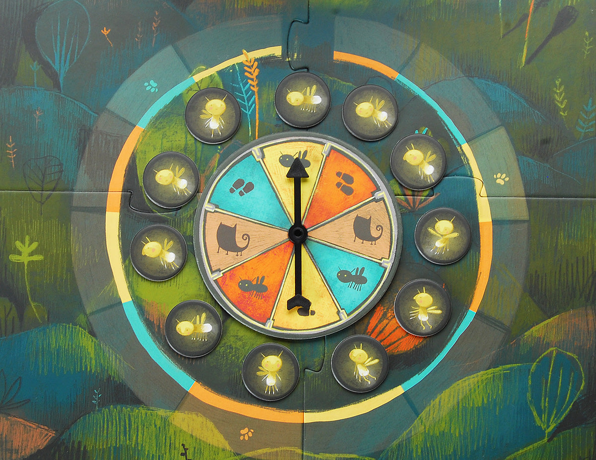 Glasshouse board game: Spinning wheel with tokens on game board.