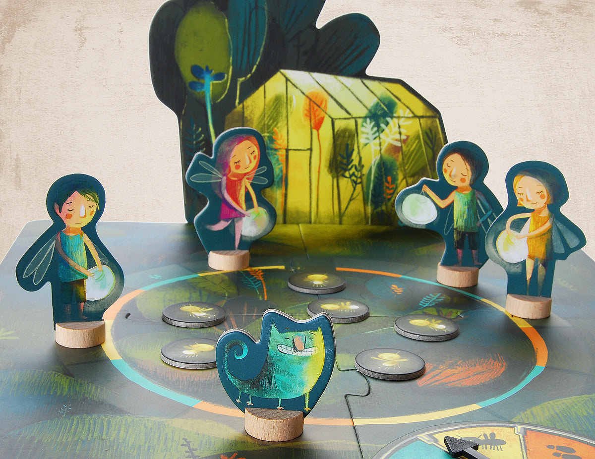 Game board for the glasshouse with night fairies carrying lanterns and the naughty cat!