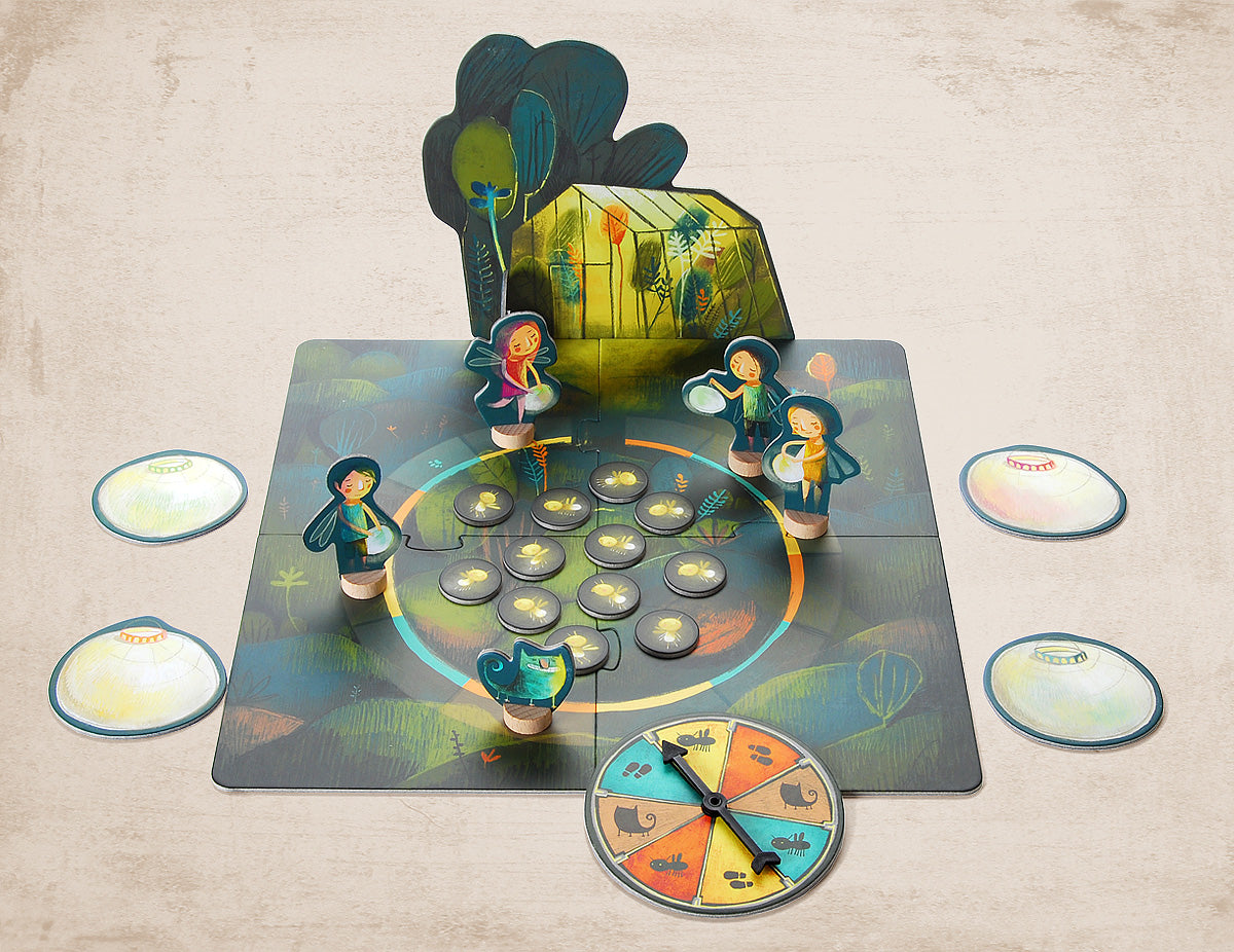 Game board of the glasshouse with pieces, fairies, spinning wheel and erect glasshouse.
