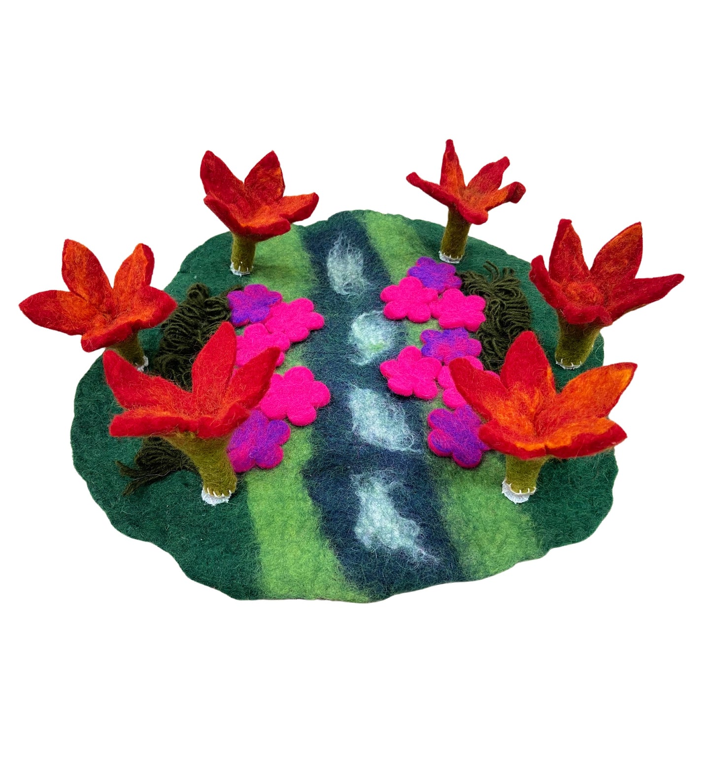 Felted autumn stream play mat with velcro on trees