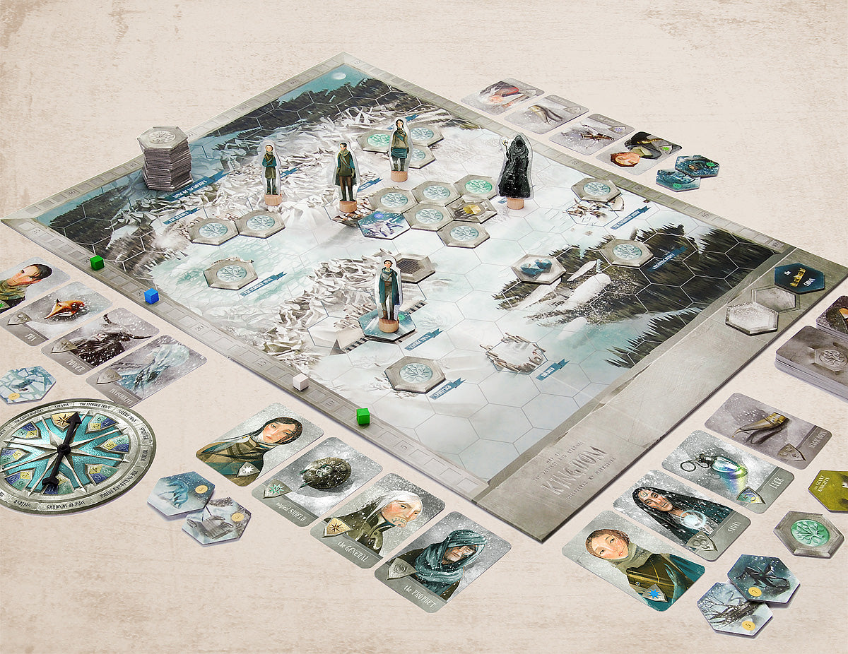 The forgotten kingdom board game: game board with different characters and figurines and spinning wheel, token and dice