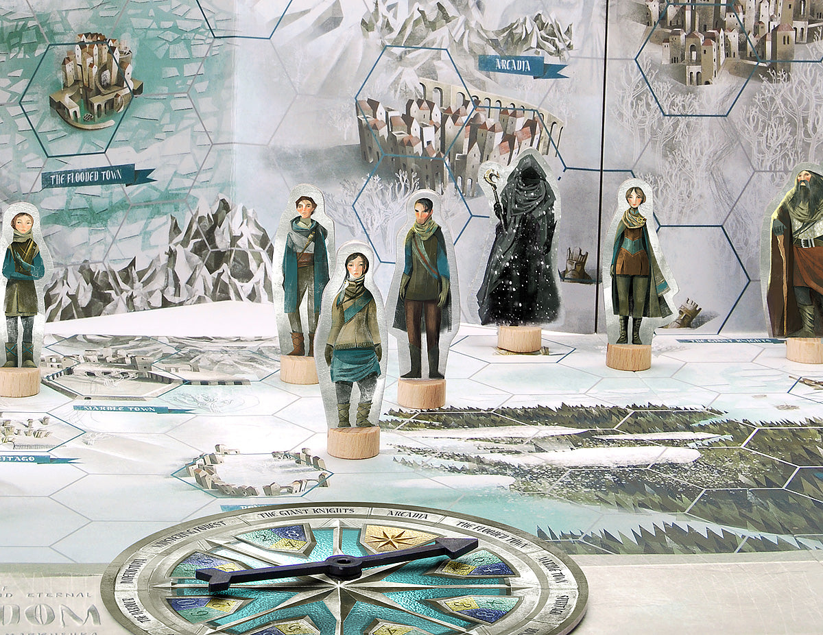 Close up of the forgotten kingdom board game with figurines and Wizard Khaos