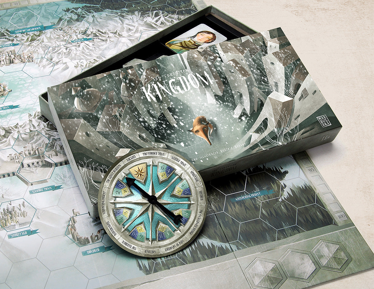 The forgotten kingdom board game, box with spinning wheel and game board