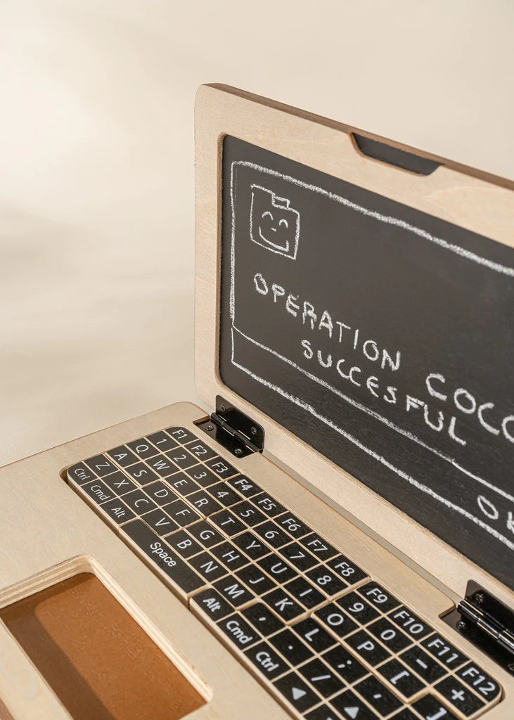 Wooden toy laptop with key pad and screen that can be written on