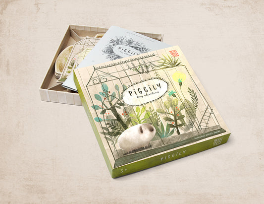 Piggily Board game for children: cover featuring piggly among shrubs