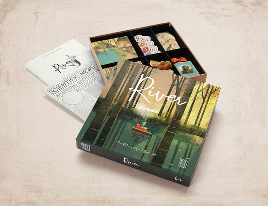 River board game with cover featuring a still, quiet turquoise river