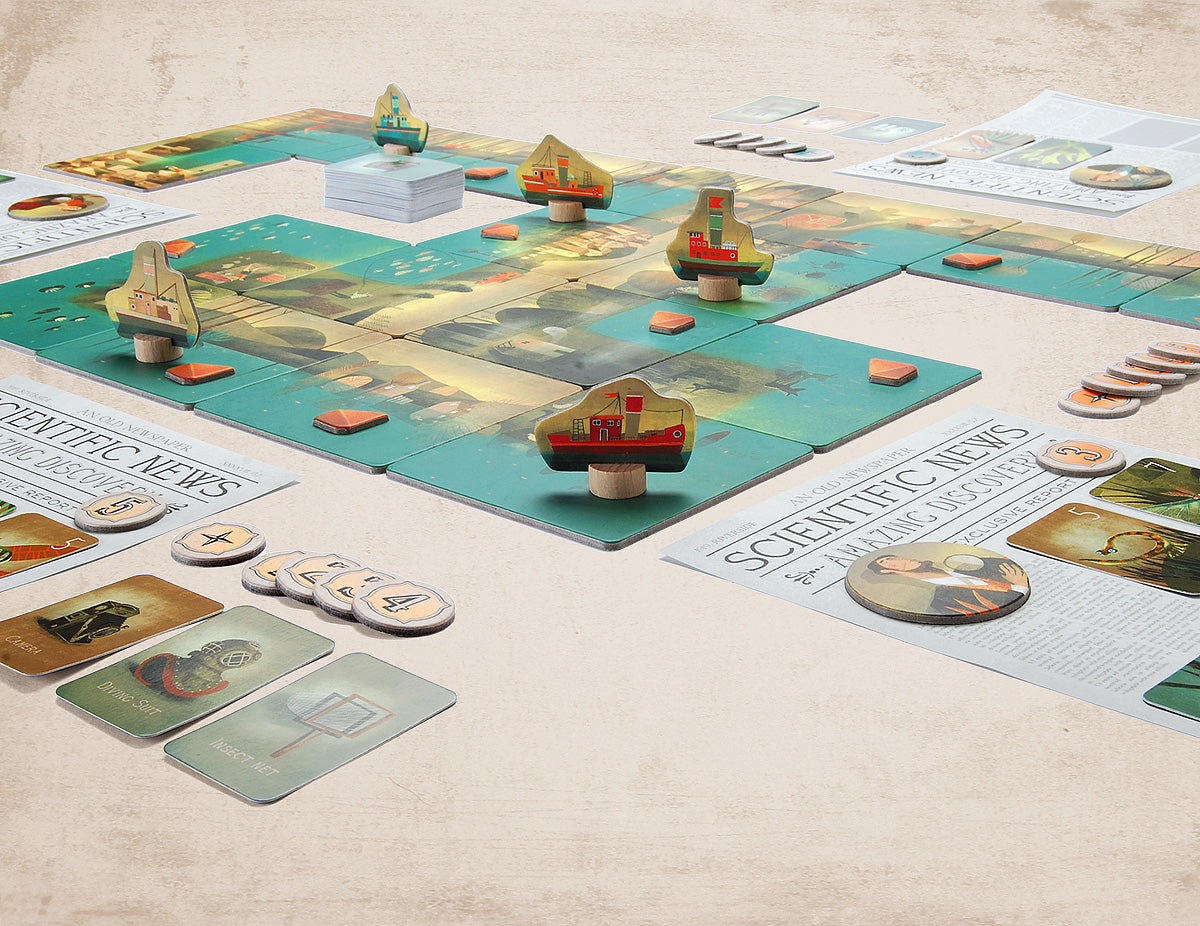 Close up of rive board game with ship pieces and tokens on game board