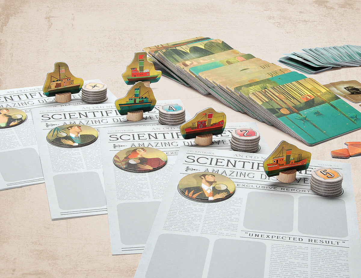 River board game for children with ship pieces and tokens for different players.