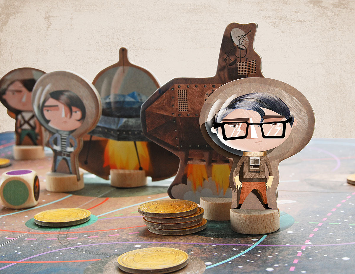 A nerdy space pirate in glasses with new found treasure!