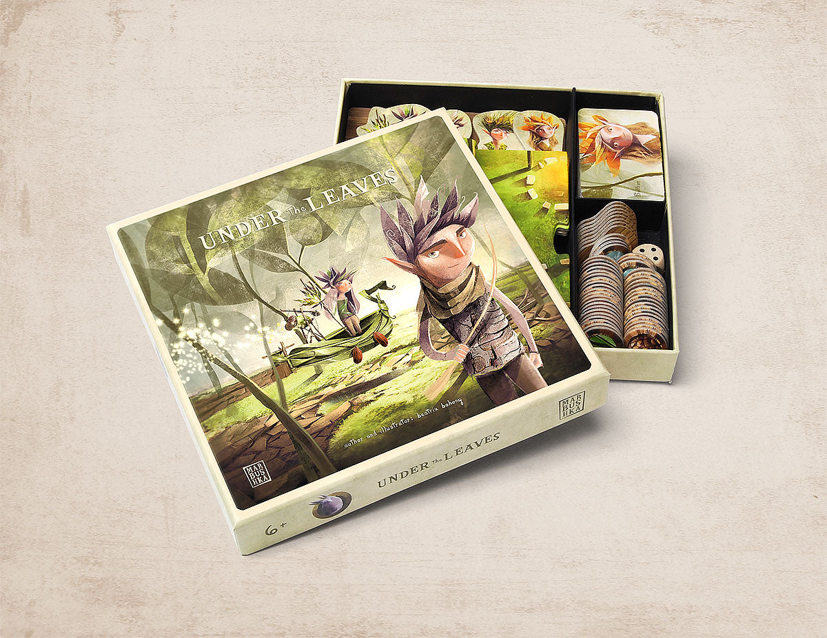 Under the leaves board game: cover featuring a hero with a magical boat floating above the river