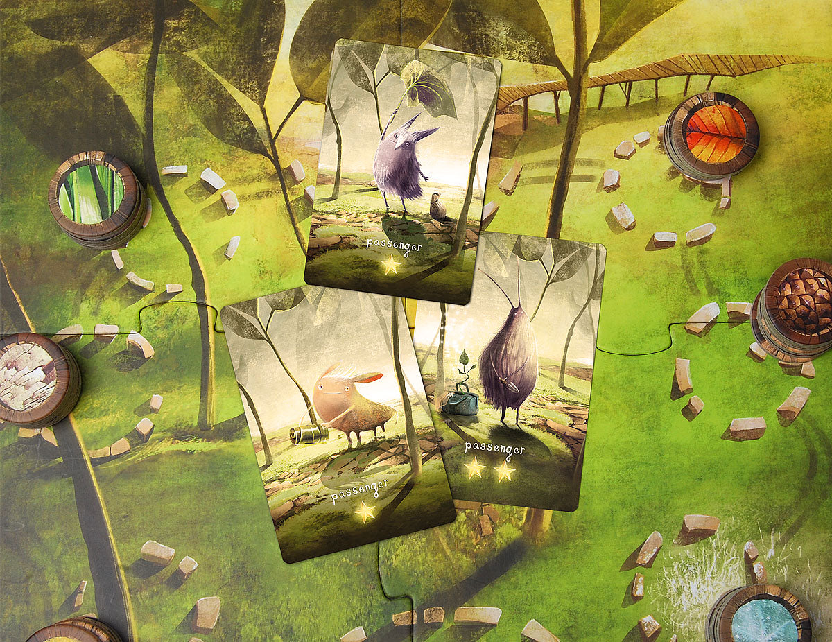 Under the leaves board game featuring cards showing the passengers