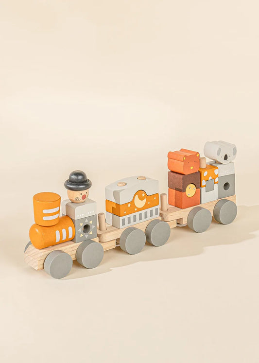 Wooden stacking toy train from Cocovillage in orange and grey with Koala and clown.
