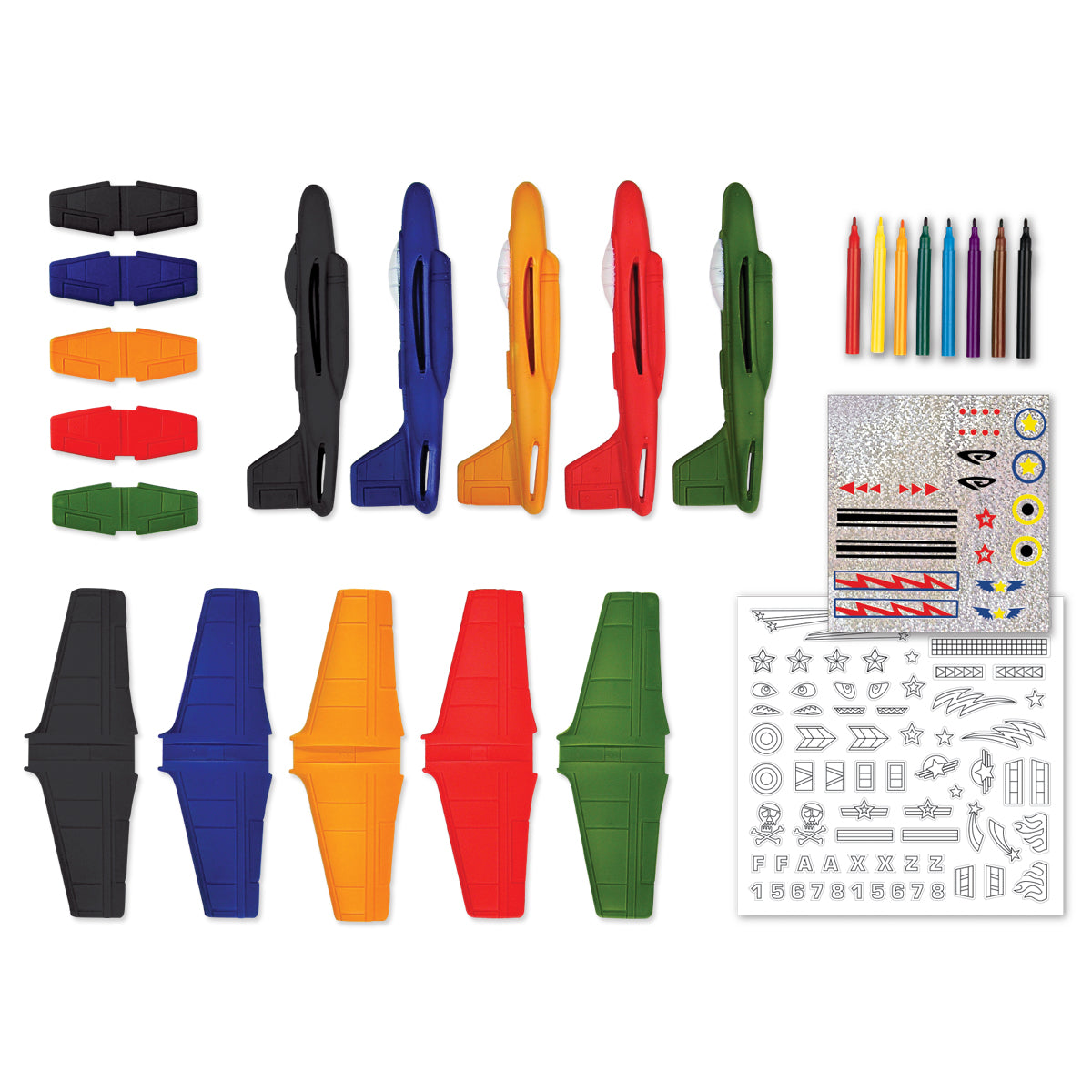Components of Stunt Squadron kit from Faber Castell, comprising foam planes and stickers and marker pens