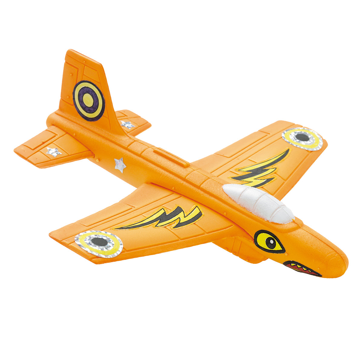 yellow foam plane with stickers on wings