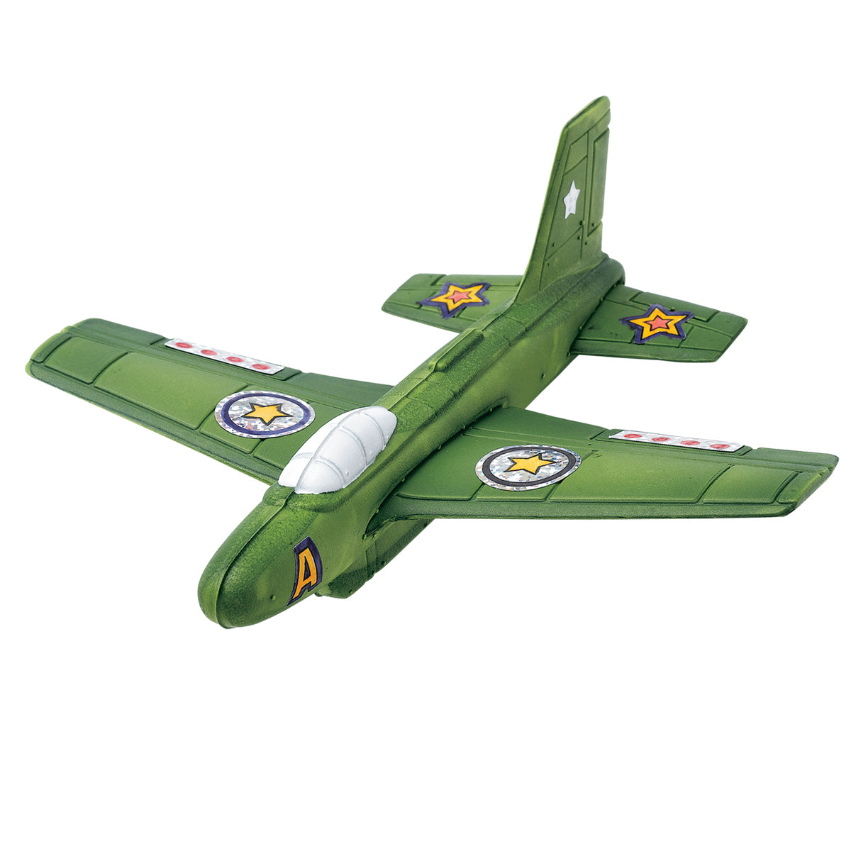 military green toy plane with stickers on wings